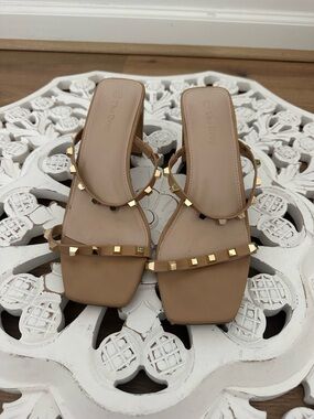 Studded Tan Slide Sandals - Women